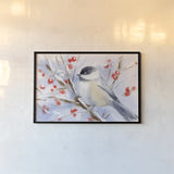 Watercolor Chickadee by Katrina Pete. shown as a paper print in a black flame. Available as a archival giclee rolled canvas, fine art paper, or poster print. SKU 102529i.