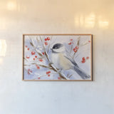 Watercolor Chickadee by Katrina Pete. shown as a paper print in a natural frame. Available as a archival giclee rolled canvas, fine art paper, or poster print. SKU 102529i.