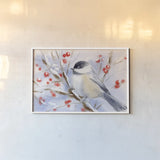 Watercolor Chickadee by Katrina Pete. shown as a paper print in a white frame. Available as a archival giclee rolled canvas, fine art paper, or poster print. SKU 102529i.