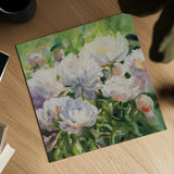 White Impressionistic Peonies by Katrina Pete. Shown as a detailed flat fine art print, highlighting archival giclee quality. Available as an archival giclee rolled canvas, fine art paper, or poster print. SKU 94272a.