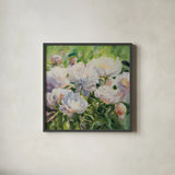White Impressionistic Peonies by Katrina Pete. Shown in a sleek black glass frame for a contemporary gallery look. Available as an archival giclee rolled canvas, fine art paper, or poster print. SKU 94272a.