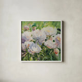 White Impressionistic Peonies by Katrina Pete. Shown in a crisp white glass frame for a clean and minimalist style. Available as an archival giclee rolled canvas, fine art paper, or poster print. SKU 94272a.