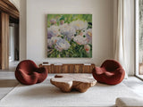 White Impressionistic Peonies by Katrina Pete. Shown as extra-large giant wall art in a modern living room. Available as an archival giclee rolled canvas, fine art paper, or poster print. SKU 94272a.