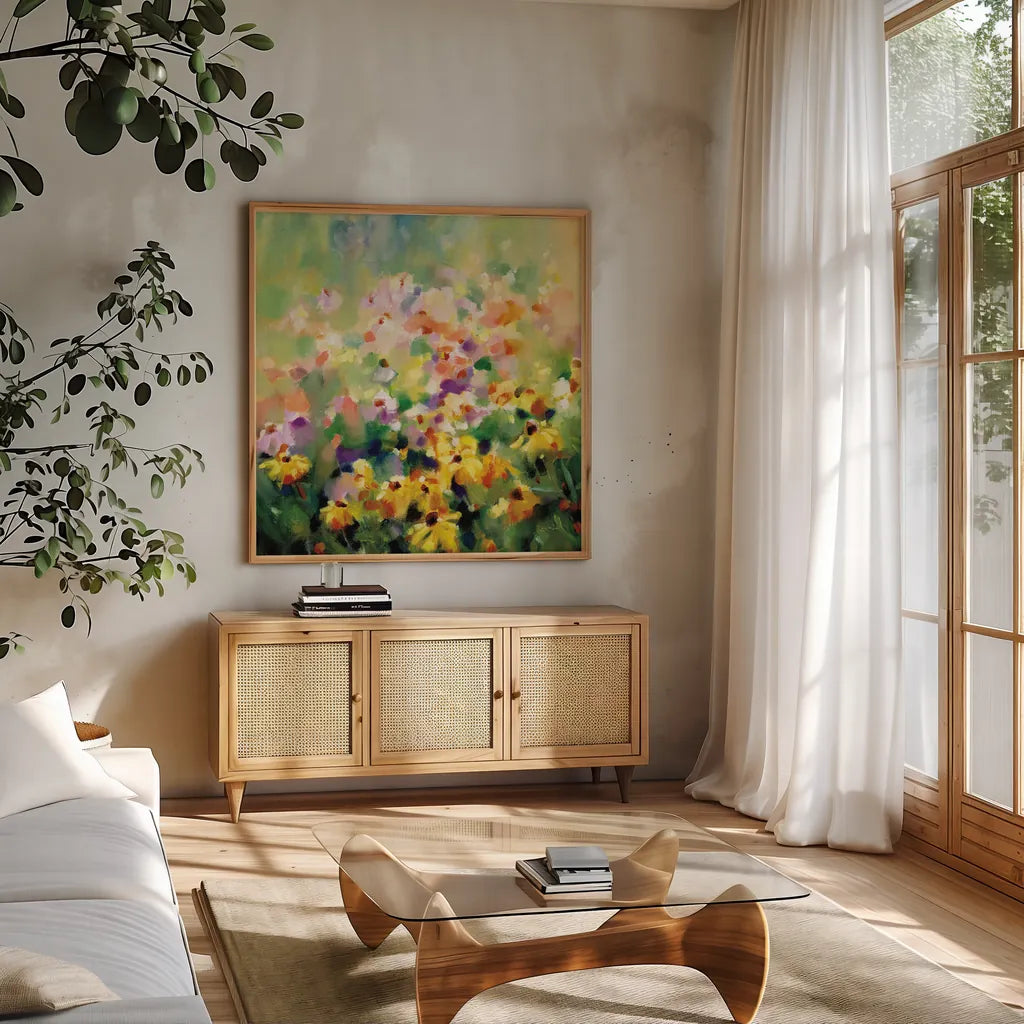 Wild Meadow by Katrina Pete. Shown in a natural wood frame in a cozy modern living room. Available as an archival giclee rolled canvas, fine art paper, or poster print. SKU 98849a.
