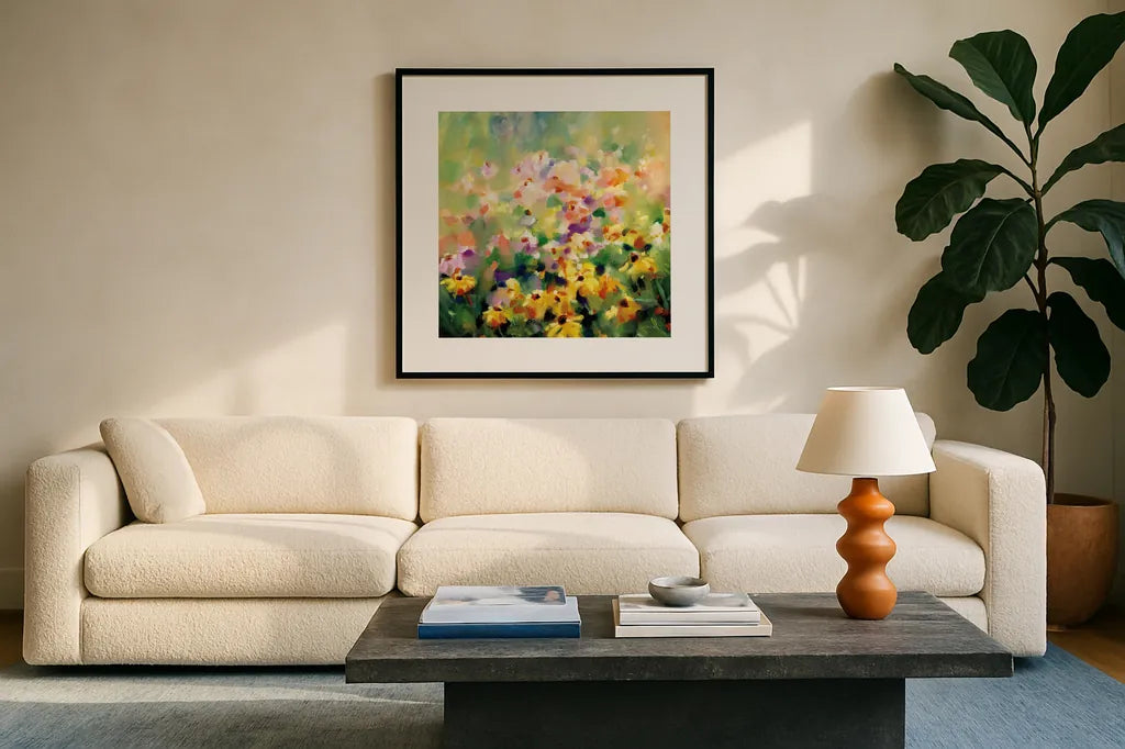 Wild Meadow by Katrina Pete. Displayed in a glass frame with matte in a clean modern living room. Available as an archival giclee rolled canvas, fine art paper, or poster print. SKU 98849a.