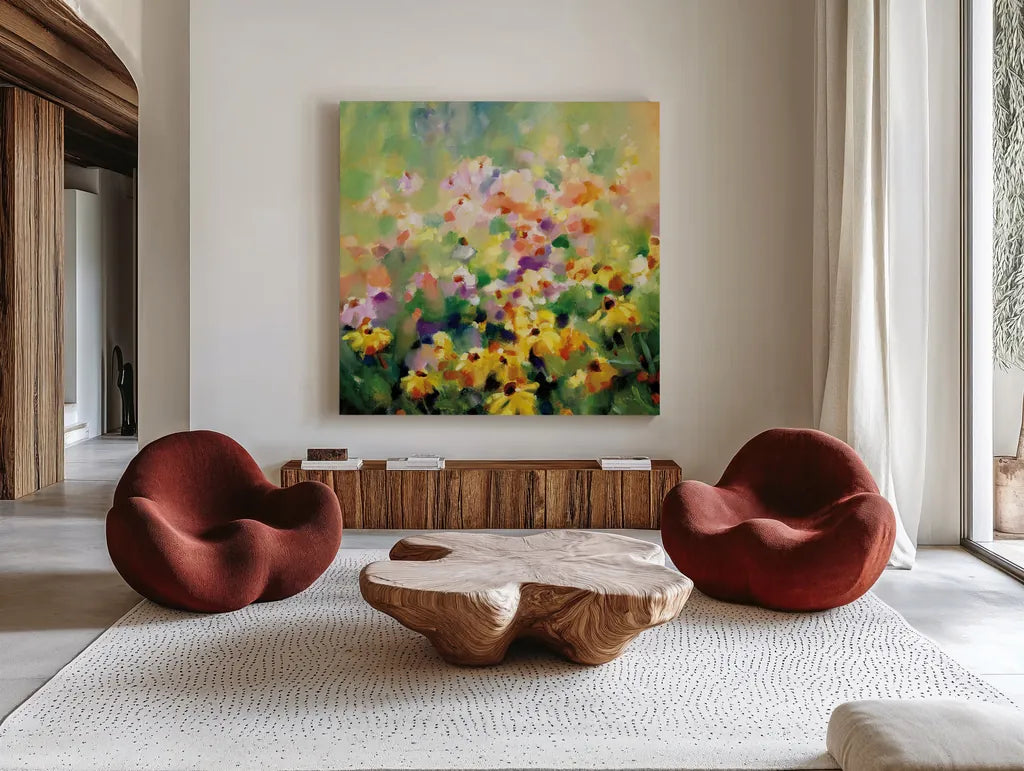 Wild Meadow by Katrina Pete. Shown as extra-large giant wall art in a modern living room. Available as an archival giclee rolled canvas, fine art paper, or poster print. SKU 98849a.