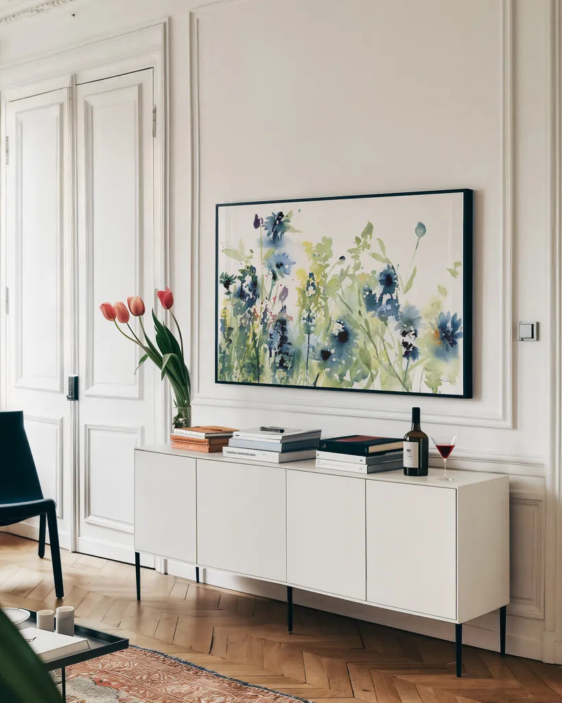 Wild Meadow Flowers by Katrina Pete. shown as a framed stretched canvas in a living room above a console. Available as a archival giclee rolled canvas, fine art paper, or poster print. SKU 71424i.
