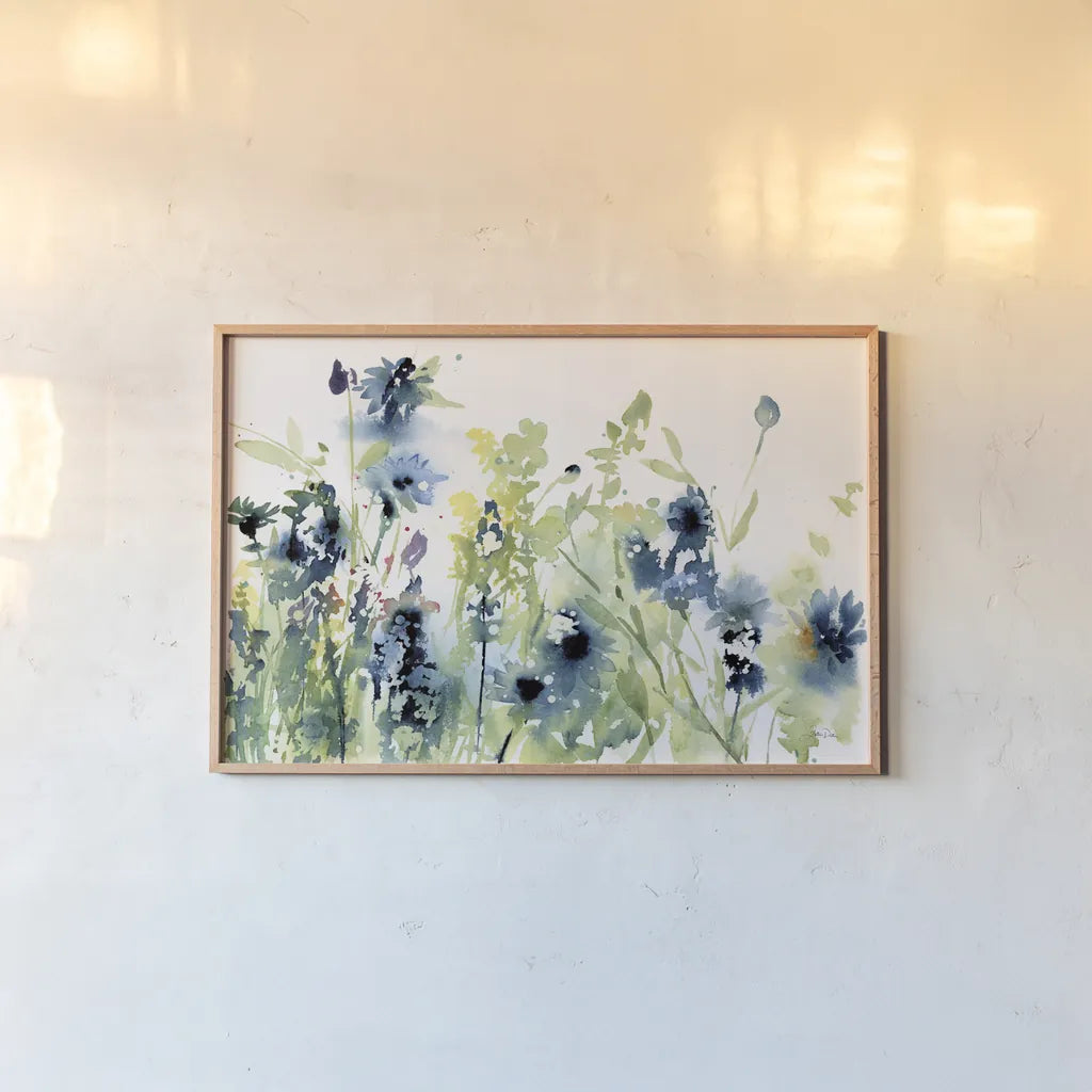 Wild Meadow Flowers by Katrina Pete. shown as a paper print in a natural frame. Available as a archival giclee rolled canvas, fine art paper, or poster print. SKU 71424i.