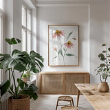 Wild for Honeybloom Wildflowers V by Katrina Pete. shown as a print in a natural wood frame in a dining room. Available as a archival giclee rolled canvas, fine art paper, or poster print. SKU 88077h.