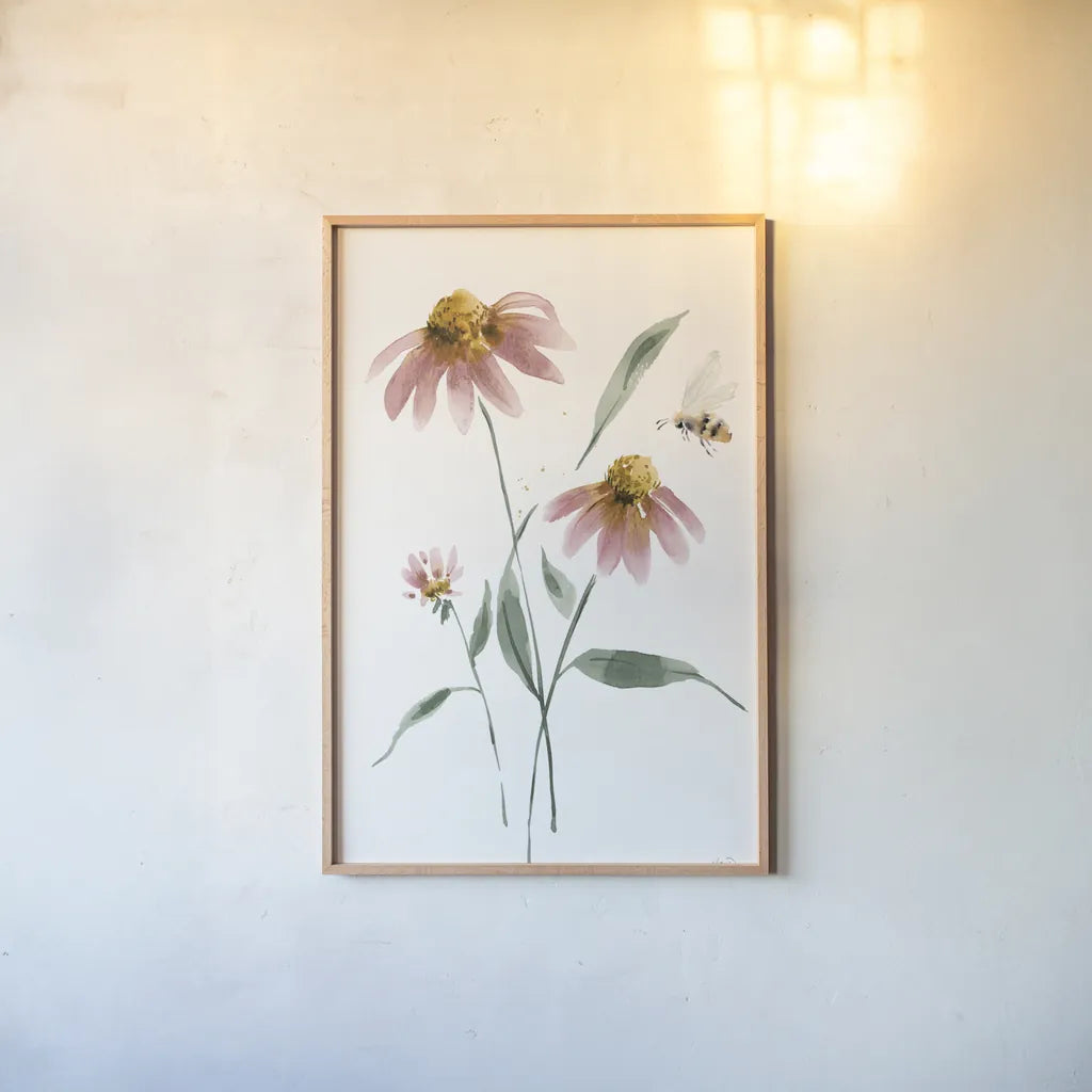 Wild for Honeybloom Wildflowers V by Katrina Pete. shown as a paper print in a natural frame. Available as a archival giclee rolled canvas, fine art paper, or poster print. SKU 88077h.
