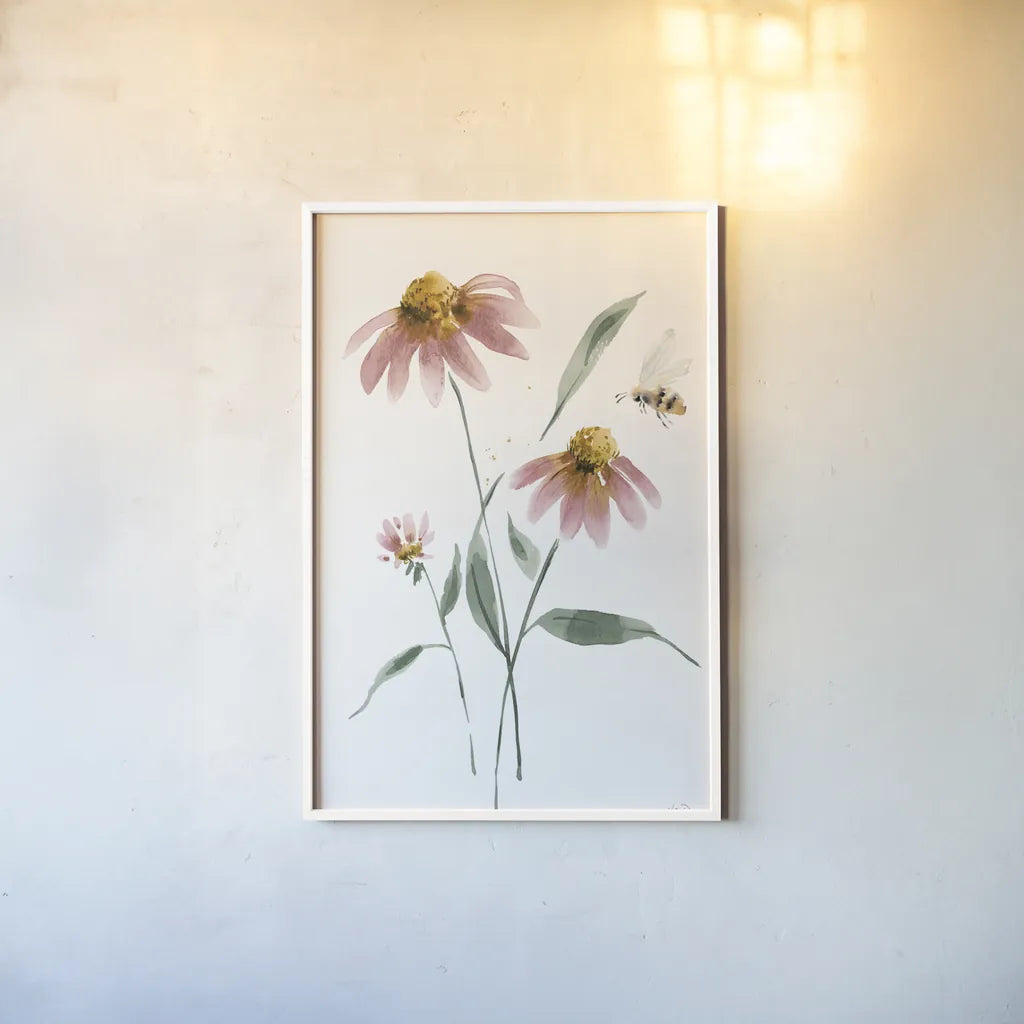 Wild for Honeybloom Wildflowers V by Katrina Pete. shown as a paper print in a white frame. Available as a archival giclee rolled canvas, fine art paper, or poster print. SKU 88077h.
