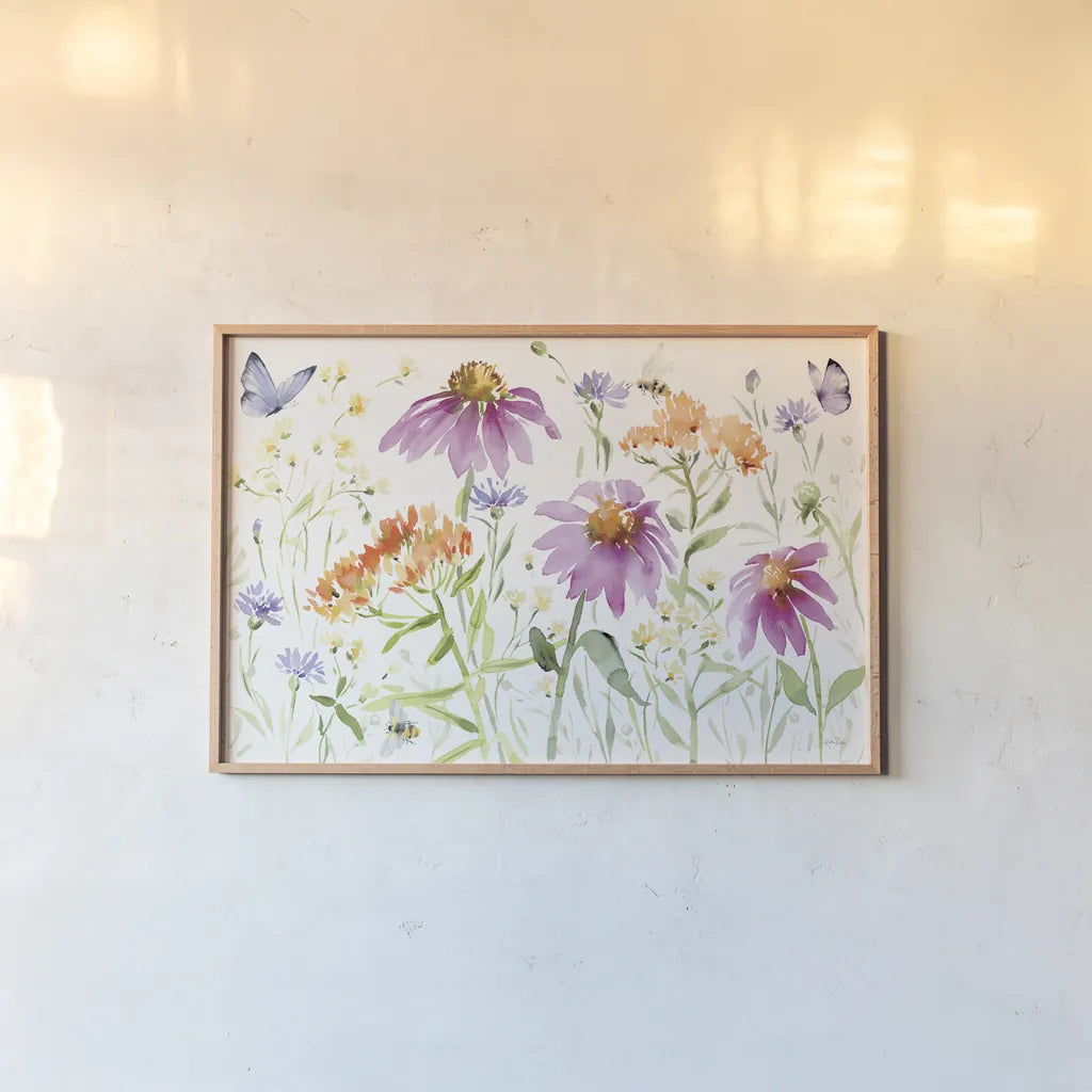 Wild for Wildflowers I by Katrina Pete. shown as a paper print in a natural frame. Available as a archival giclee rolled canvas, fine art paper, or poster print. SKU 82750i.