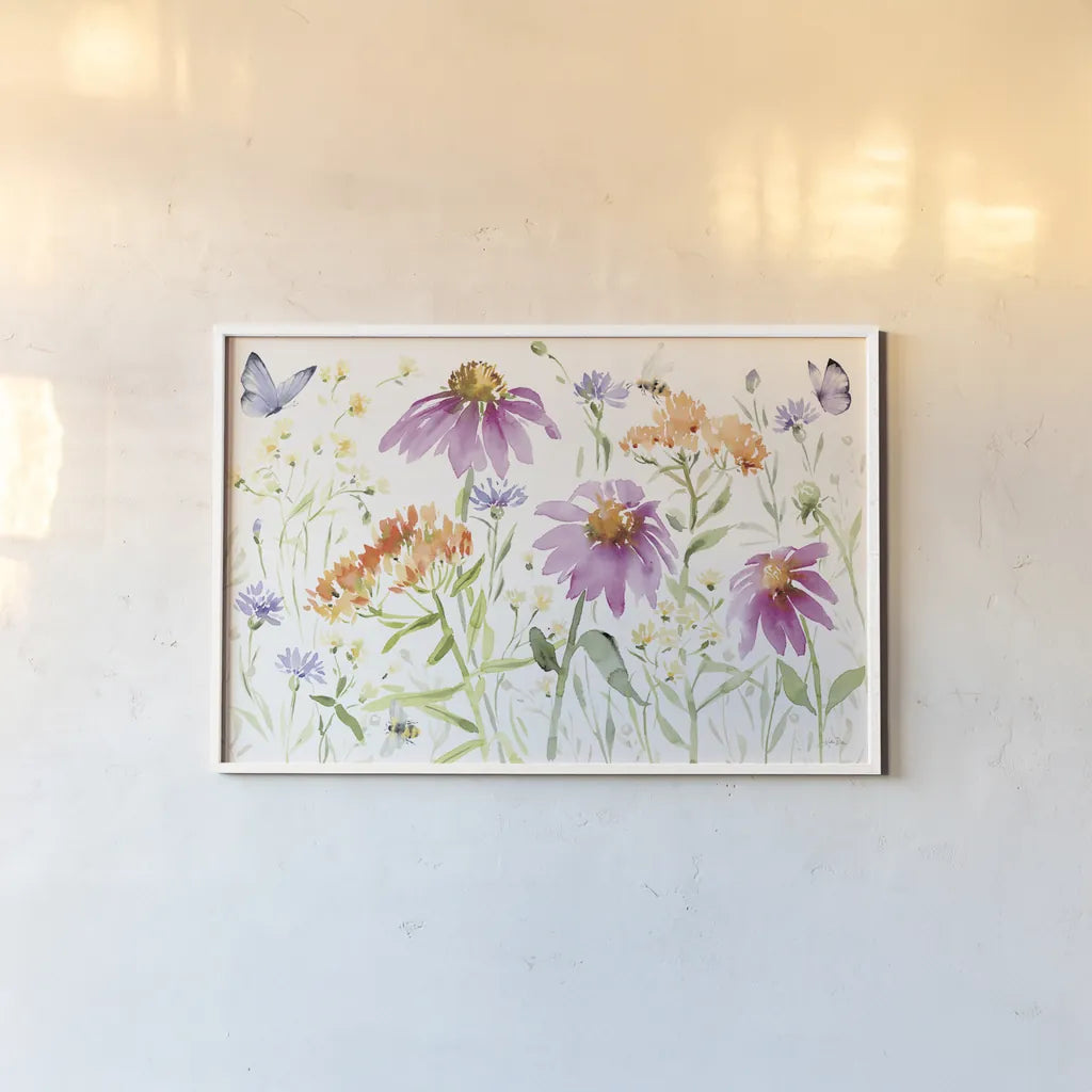 Wild for Wildflowers I by Katrina Pete. shown as a paper print in a white frame. Available as a archival giclee rolled canvas, fine art paper, or poster print. SKU 82750i.