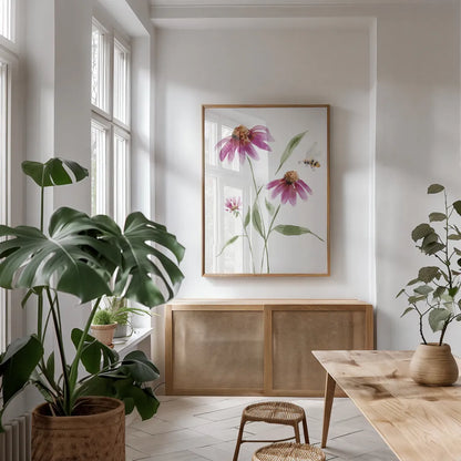 Wild for Wildflowers V by Katrina Pete. shown as a print in a natural wood frame in a dining room. Available as a archival giclee rolled canvas, fine art paper, or poster print. SKU 82754h.