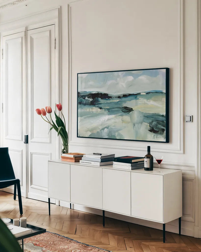 Windswept Landscape by Katrina Pete. shown as a framed stretched canvas in a living room above a console. Available as a archival giclee rolled canvas, fine art paper, or poster print. SKU 73250i.