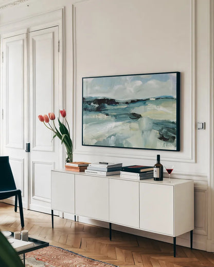 Windswept Landscape by Katrina Pete. shown as a framed stretched canvas in a living room above a console. Available as a archival giclee rolled canvas, fine art paper, or poster print. SKU 73250i.