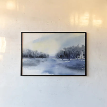 Winter River by Katrina Pete. shown as a paper print in a black flame. Available as a archival giclee rolled canvas, fine art paper, or poster print. SKU 67458i.
