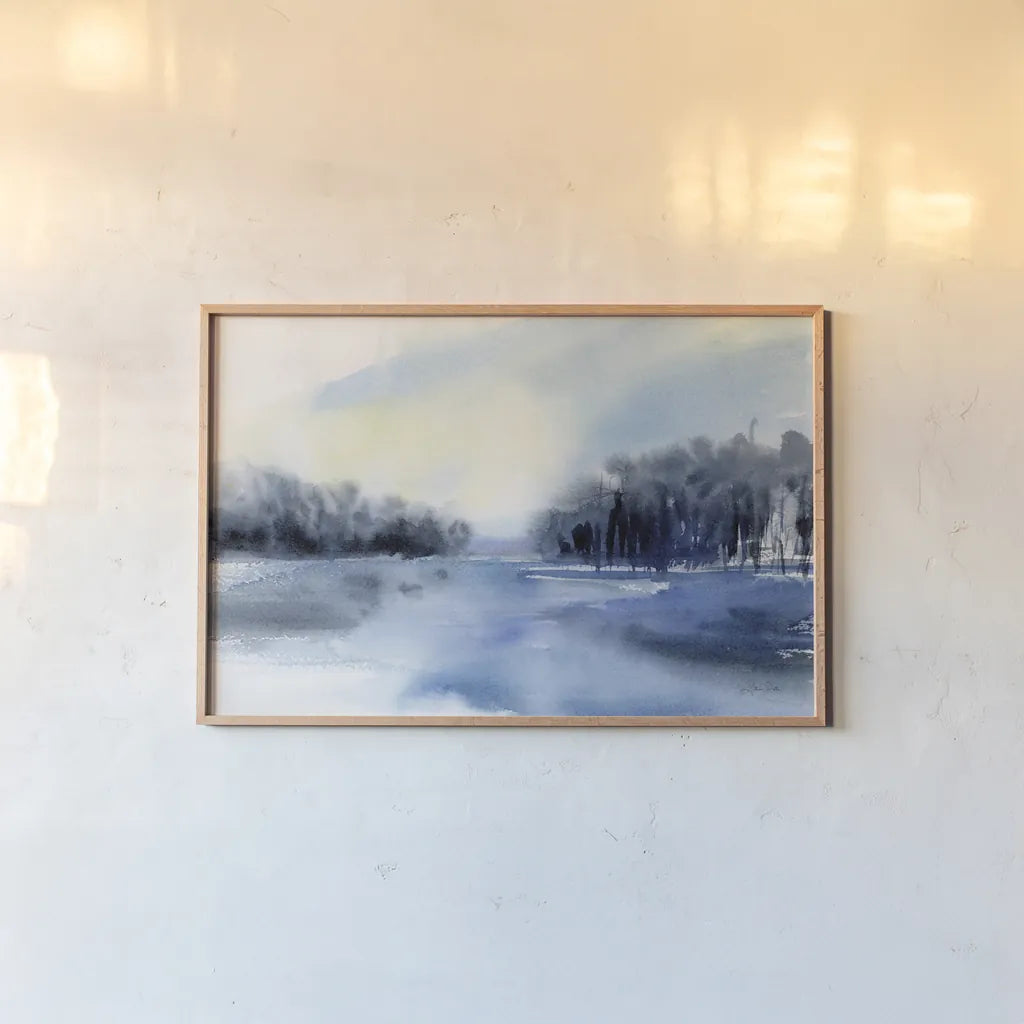 Winter River by Katrina Pete. shown as a paper print in a natural frame. Available as a archival giclee rolled canvas, fine art paper, or poster print. SKU 67458i.
