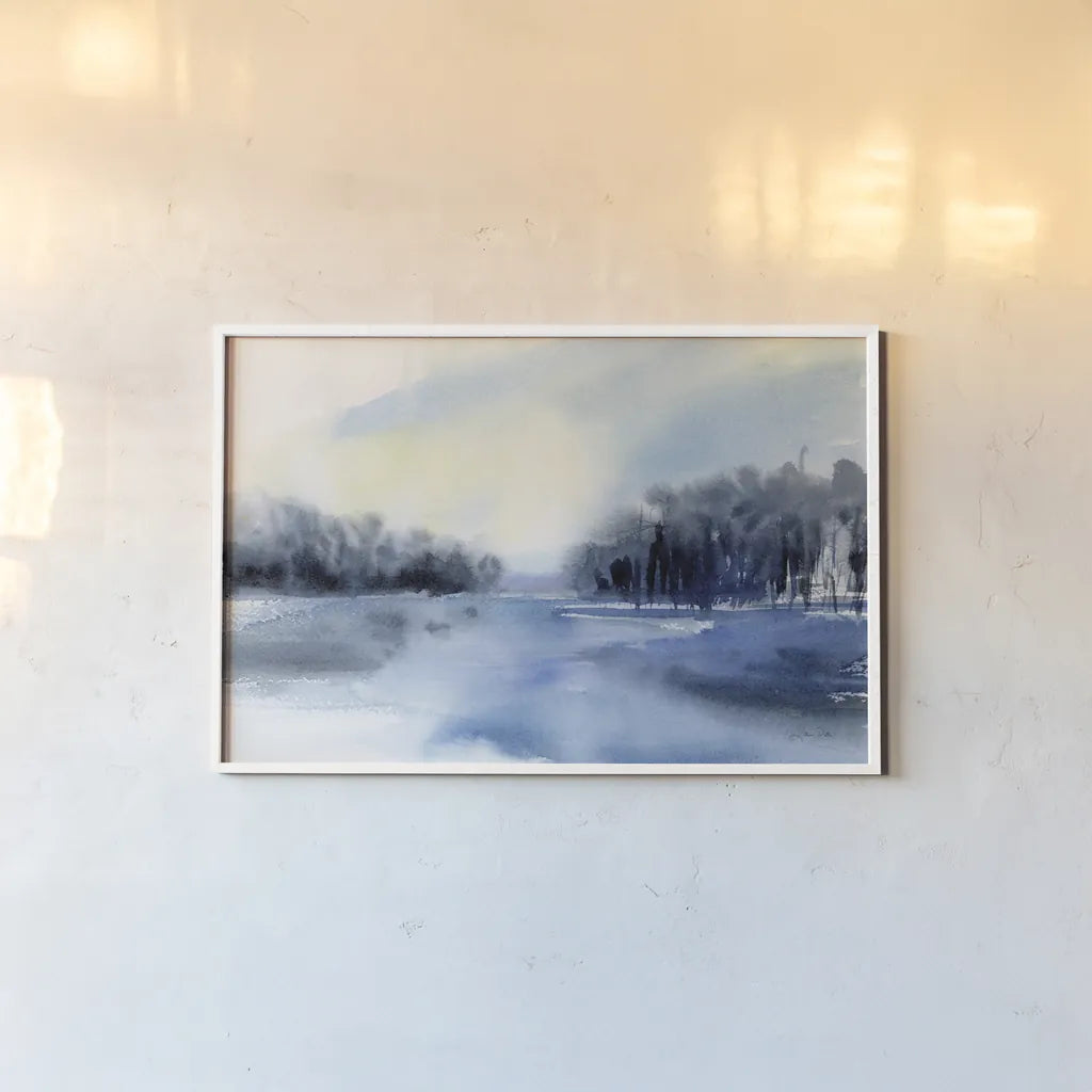 Winter River by Katrina Pete. shown as a paper print in a white frame. Available as a archival giclee rolled canvas, fine art paper, or poster print. SKU 67458i.