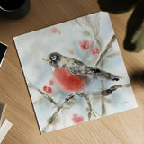 Winter Robin by Katrina Pete. Shown as a detailed flat fine art print, highlighting archival giclee quality. Available as an archival giclee rolled canvas, fine art paper, or poster print. SKU 75733a.