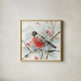 Winter Robin by Katrina Pete. Shown in a natural wood glass frame for a timeless modern aesthetic. Available as an archival giclee rolled canvas, fine art paper, or poster print. SKU 75733a.