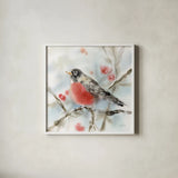 Winter Robin by Katrina Pete. Shown in a crisp white glass frame for a clean and minimalist style. Available as an archival giclee rolled canvas, fine art paper, or poster print. SKU 75733a.