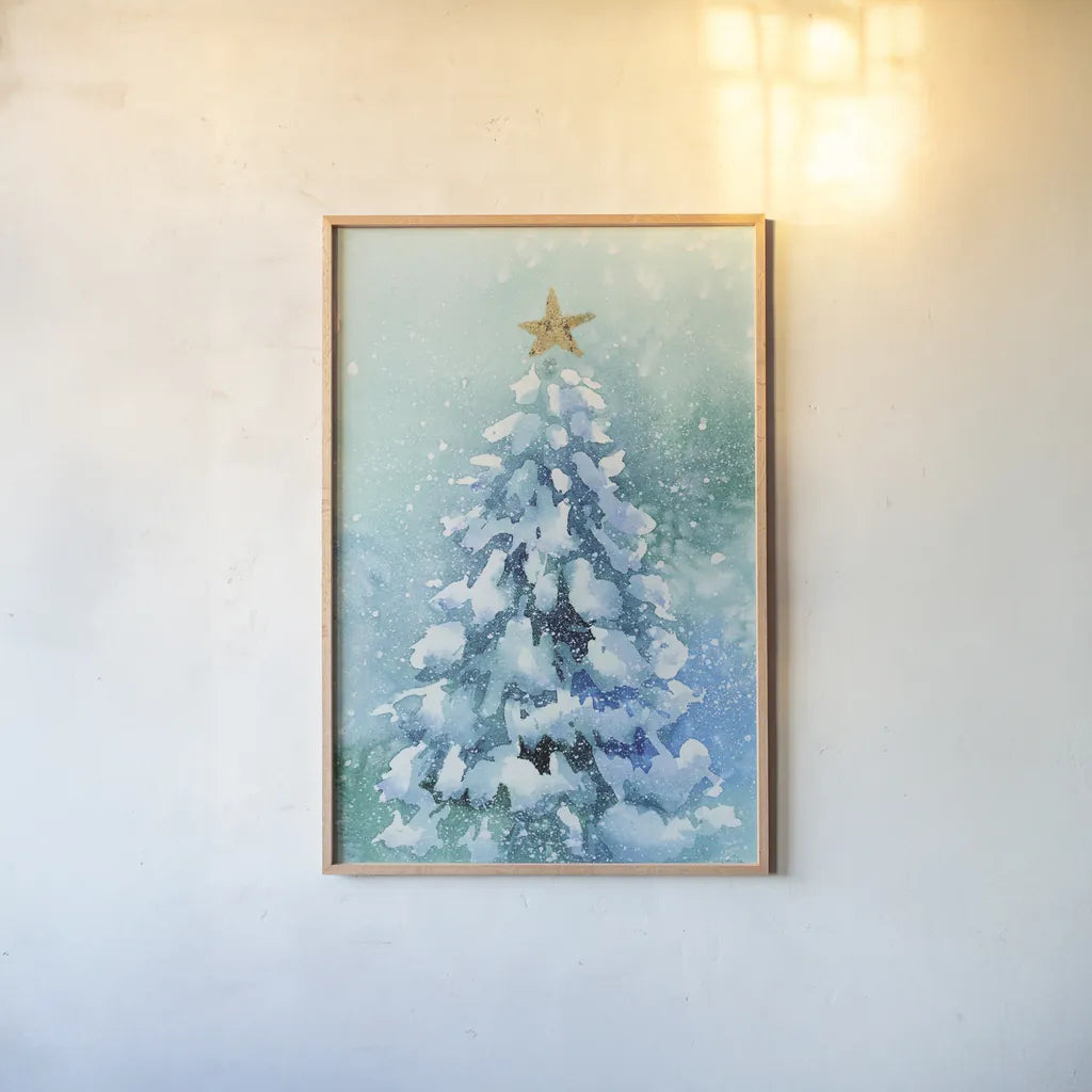 Woodland Christmas Tree by Katrina Pete. shown as a paper print in a natural frame. Available as a archival giclee rolled canvas, fine art paper, or poster print. SKU 89058h.