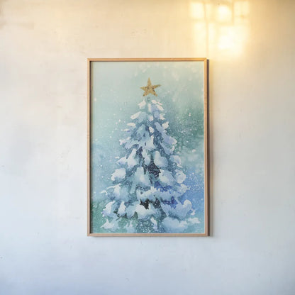 Woodland Christmas Tree by Katrina Pete. shown as a paper print in a natural frame. Available as a archival giclee rolled canvas, fine art paper, or poster print. SKU 89058h.
