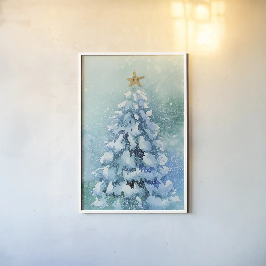 Woodland Christmas Tree by Katrina Pete. shown as a paper print in a white frame. Available as a archival giclee rolled canvas, fine art paper, or poster print. SKU 89058h.