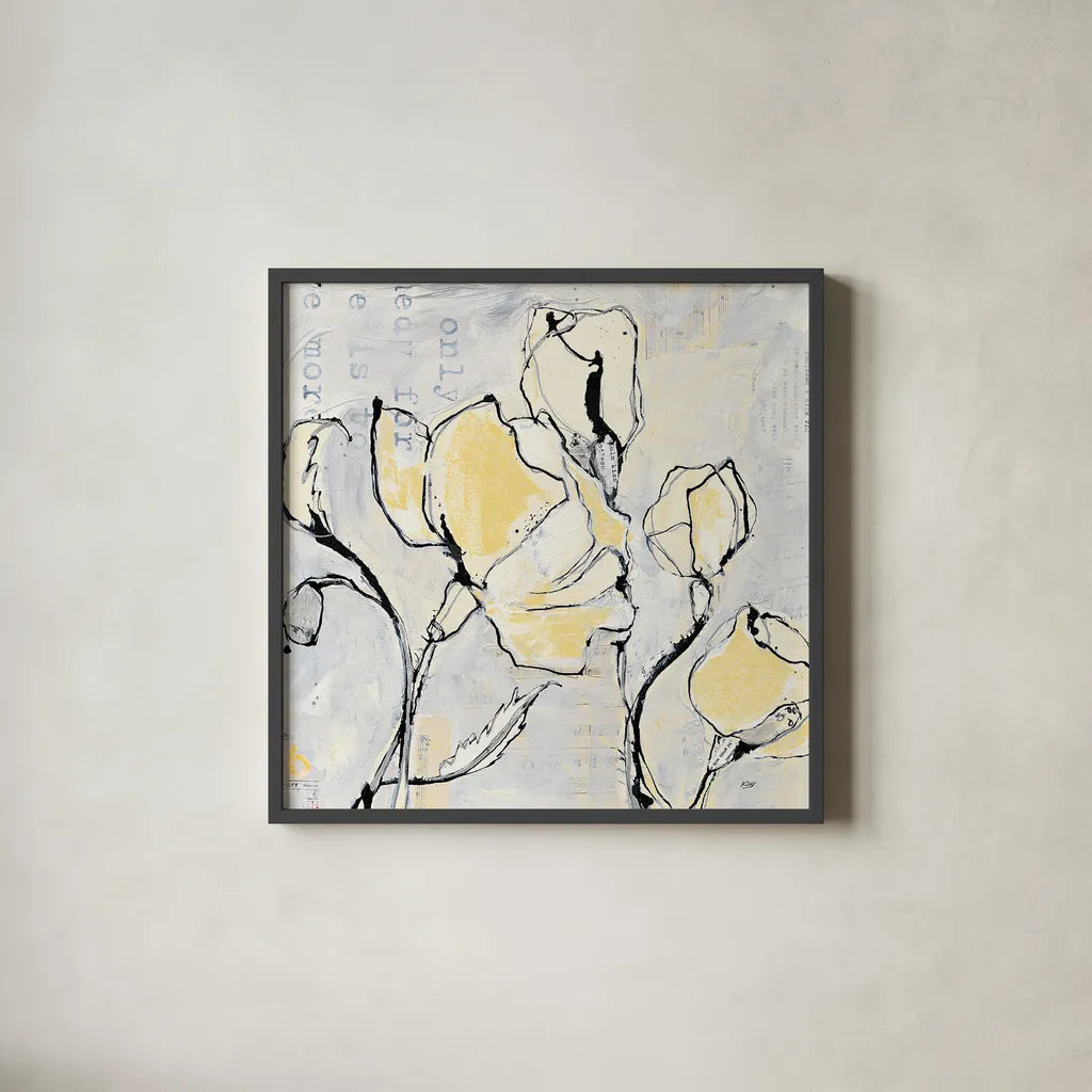 16 Again II with Yellow by Kellie Day. Shown in a sleek black glass frame for a contemporary gallery look. Available as an archival giclee rolled canvas, fine art paper, or poster print. SKU 30933a.
