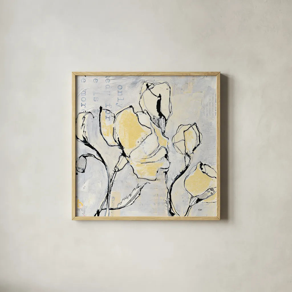 16 Again II with Yellow by Kellie Day. Shown in a natural wood glass frame for a timeless modern aesthetic. Available as an archival giclee rolled canvas, fine art paper, or poster print. SKU 30933a.