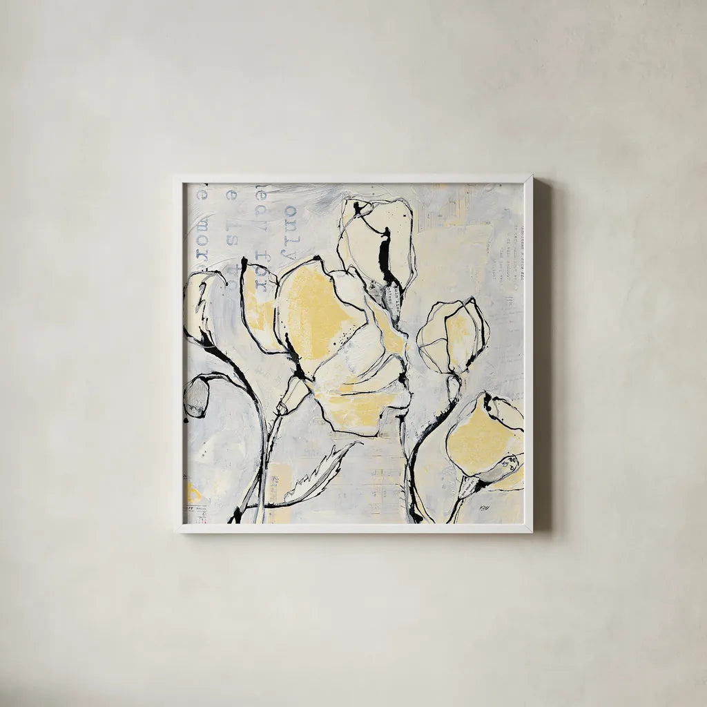 16 Again II with Yellow by Kellie Day. Shown in a crisp white glass frame for a clean and minimalist style. Available as an archival giclee rolled canvas, fine art paper, or poster print. SKU 30933a.