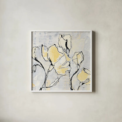 16 Again II with Yellow by Kellie Day. Shown in a crisp white glass frame for a clean and minimalist style. Available as an archival giclee rolled canvas, fine art paper, or poster print. SKU 30933a.