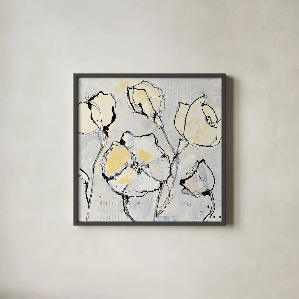 16 Again III with Yellow by Kellie Day. Shown in a sleek black glass frame for a contemporary gallery look. Available as an archival giclee rolled canvas, fine art paper, or poster print. SKU 30934a.
