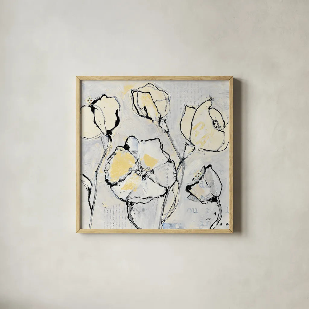 16 Again III with Yellow by Kellie Day. Shown in a natural wood glass frame for a timeless modern aesthetic. Available as an archival giclee rolled canvas, fine art paper, or poster print. SKU 30934a.