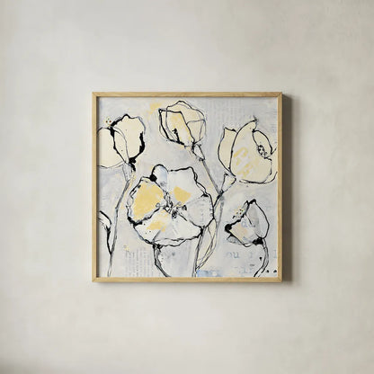 16 Again III with Yellow by Kellie Day. Shown in a natural wood glass frame for a timeless modern aesthetic. Available as an archival giclee rolled canvas, fine art paper, or poster print. SKU 30934a.