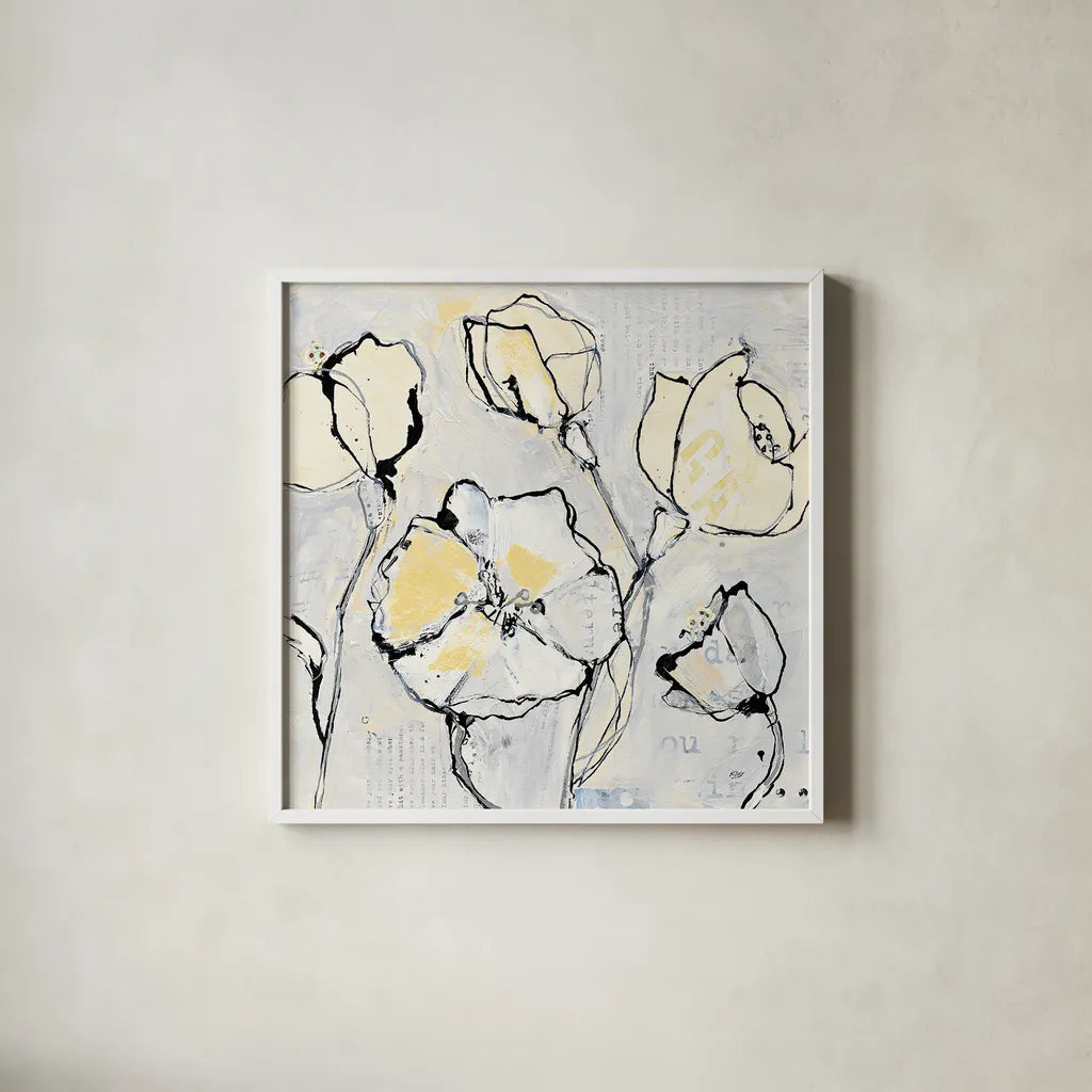 16 Again III with Yellow by Kellie Day. Shown in a crisp white glass frame for a clean and minimalist style. Available as an archival giclee rolled canvas, fine art paper, or poster print. SKU 30934a.