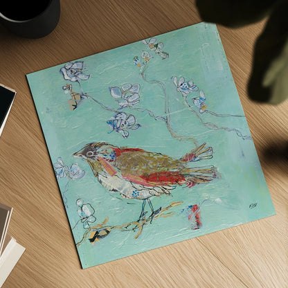 Aqua Bird by Kellie Day. Shown as a detailed flat fine art print, highlighting archival giclee quality. Available as an archival giclee rolled canvas, fine art paper, or poster print. SKU 28722a.