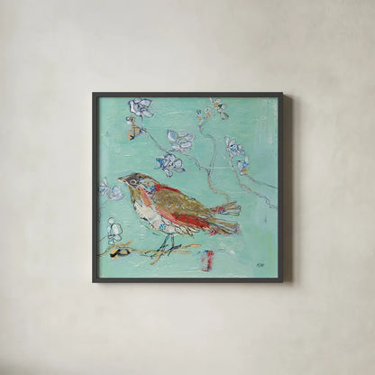 Aqua Bird by Kellie Day. Shown in a sleek black glass frame for a contemporary gallery look. Available as an archival giclee rolled canvas, fine art paper, or poster print. SKU 28722a.