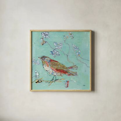Aqua Bird by Kellie Day. Shown in a natural wood glass frame for a timeless modern aesthetic. Available as an archival giclee rolled canvas, fine art paper, or poster print. SKU 28722a.