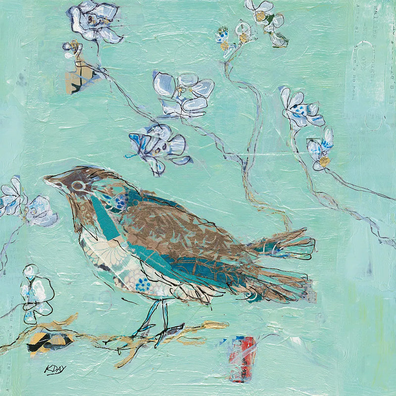 Aqua Bird with Teal by Kellie Day. SKU 30392a. Archival Giclee Fine art print for wall decor.