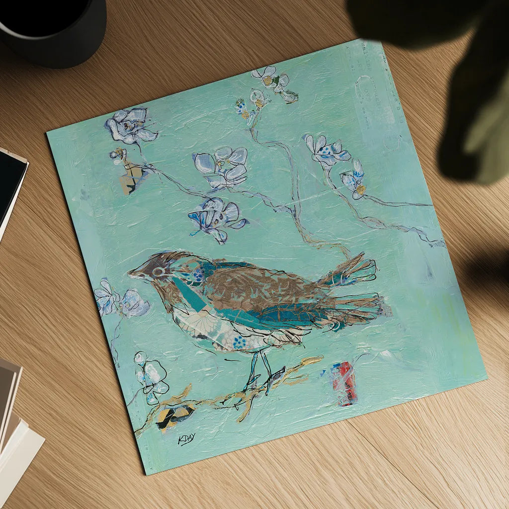 Aqua Bird with Teal by Kellie Day. Shown as a detailed flat fine art print, highlighting archival giclee quality. Available as an archival giclee rolled canvas, fine art paper, or poster print. SKU 30392a.