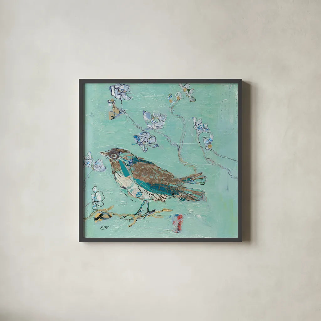 Aqua Bird with Teal by Kellie Day. Shown in a sleek black glass frame for a contemporary gallery look. Available as an archival giclee rolled canvas, fine art paper, or poster print. SKU 30392a.