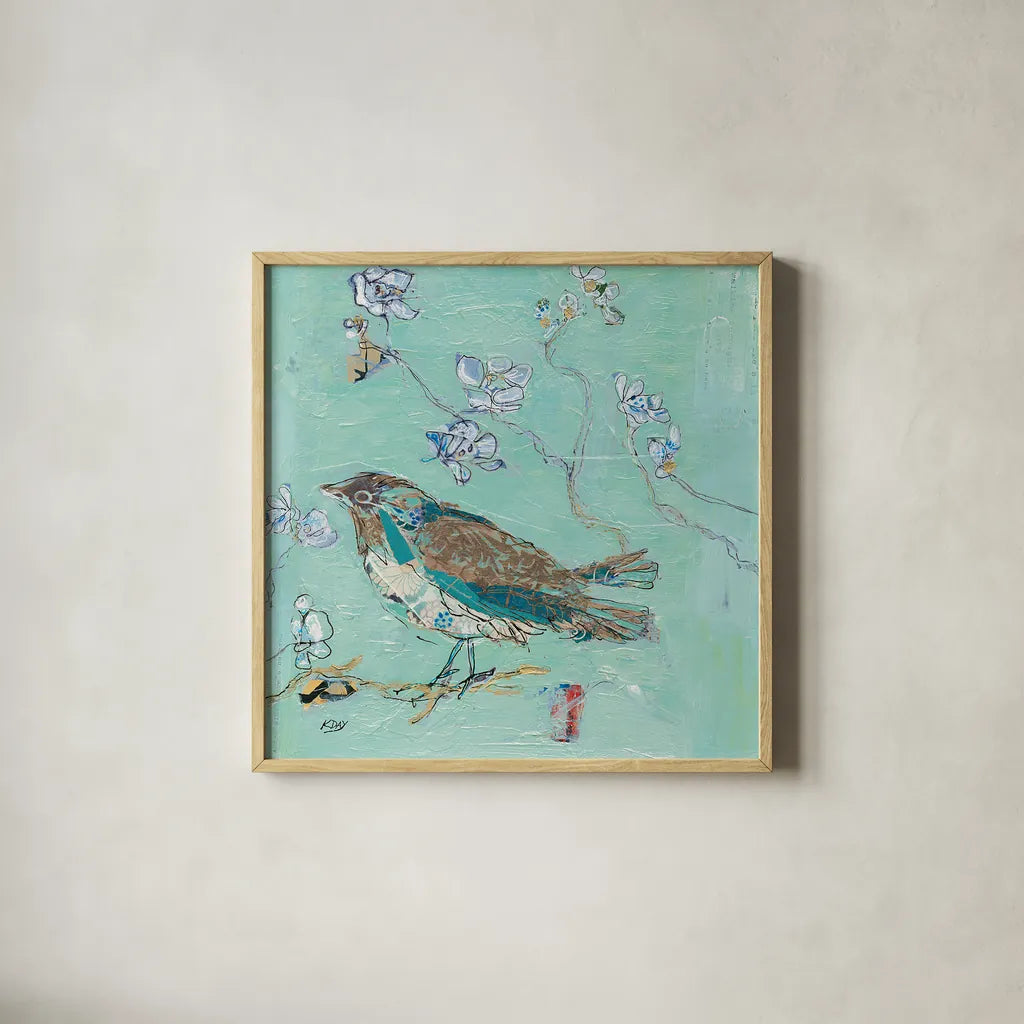Aqua Bird with Teal by Kellie Day. Shown in a natural wood glass frame for a timeless modern aesthetic. Available as an archival giclee rolled canvas, fine art paper, or poster print. SKU 30392a.
