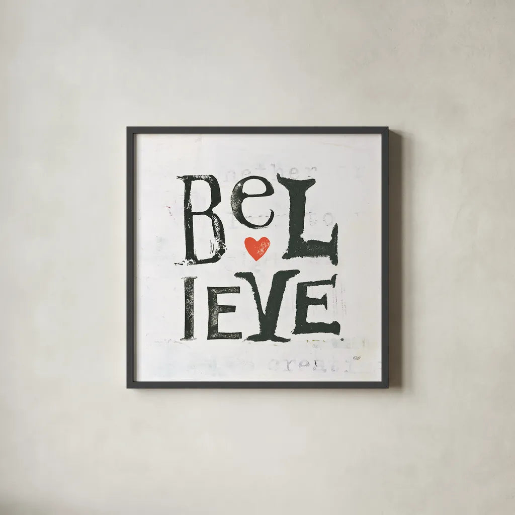 Believe by Kellie Day. Shown in a sleek black glass frame for a contemporary gallery look. Available as an archival giclee rolled canvas, fine art paper, or poster print. SKU 29368a.