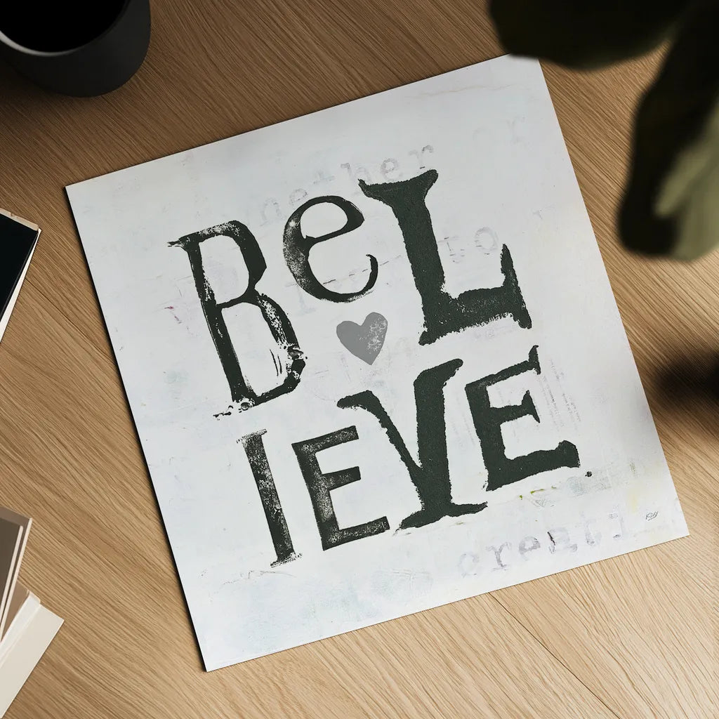 Believe Gray Hearts by Kellie Day. Shown as a detailed flat fine art print, highlighting archival giclee quality. Available as an archival giclee rolled canvas, fine art paper, or poster print. SKU 31340a.