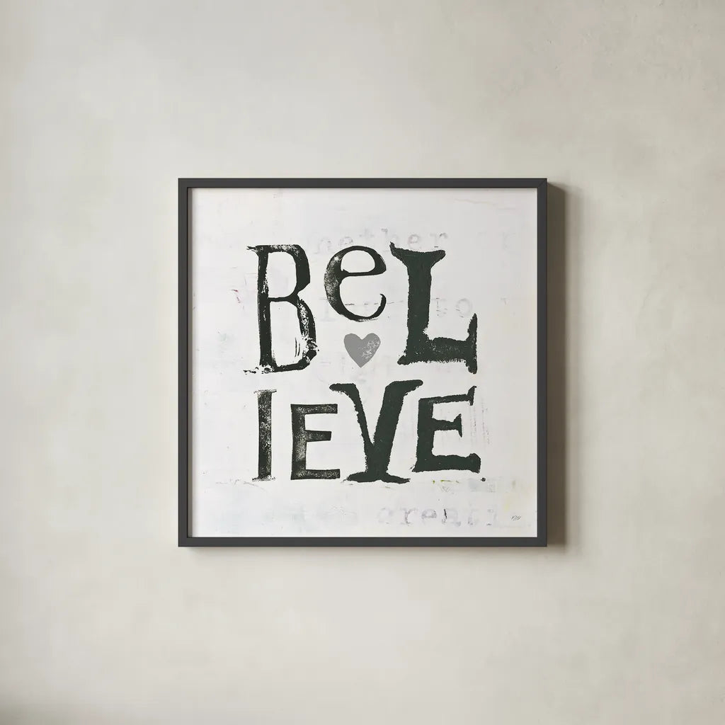 Believe Gray Hearts by Kellie Day. Shown in a sleek black glass frame for a contemporary gallery look. Available as an archival giclee rolled canvas, fine art paper, or poster print. SKU 31340a.