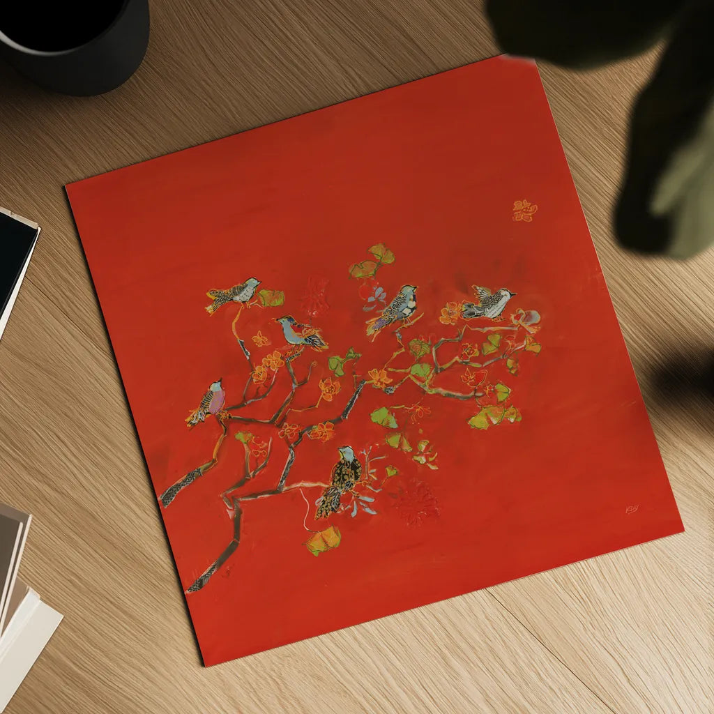 Bird Party by Kellie Day. Shown as a detailed flat fine art print, highlighting archival giclee quality. Available as an archival giclee rolled canvas, fine art paper, or poster print. SKU 56322a.
