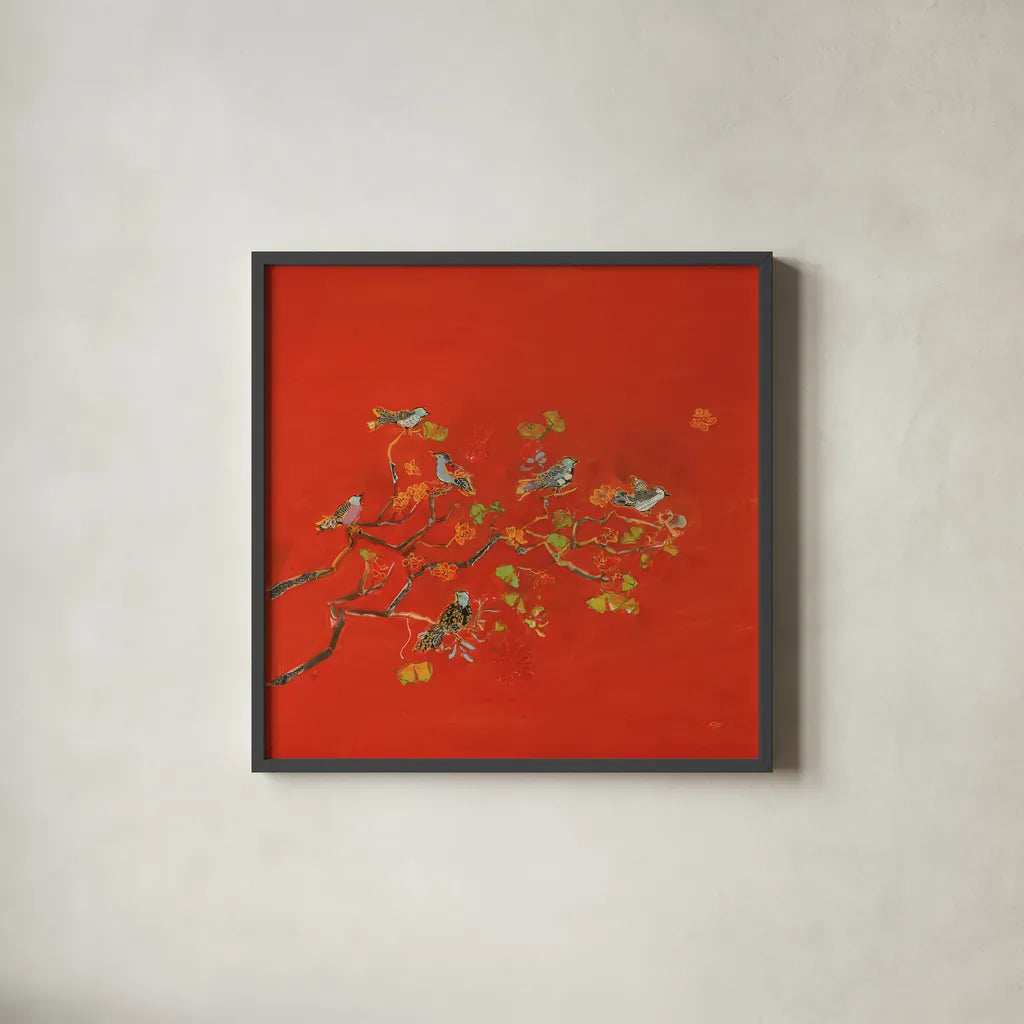 Bird Party by Kellie Day. Shown in a sleek black glass frame for a contemporary gallery look. Available as an archival giclee rolled canvas, fine art paper, or poster print. SKU 56322a.