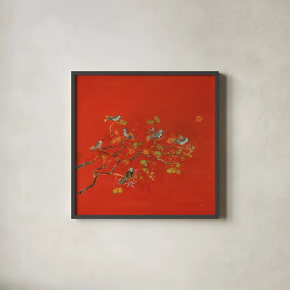 Bird Party by Kellie Day. Shown in a sleek black glass frame for a contemporary gallery look. Available as an archival giclee rolled canvas, fine art paper, or poster print. SKU 56322a.